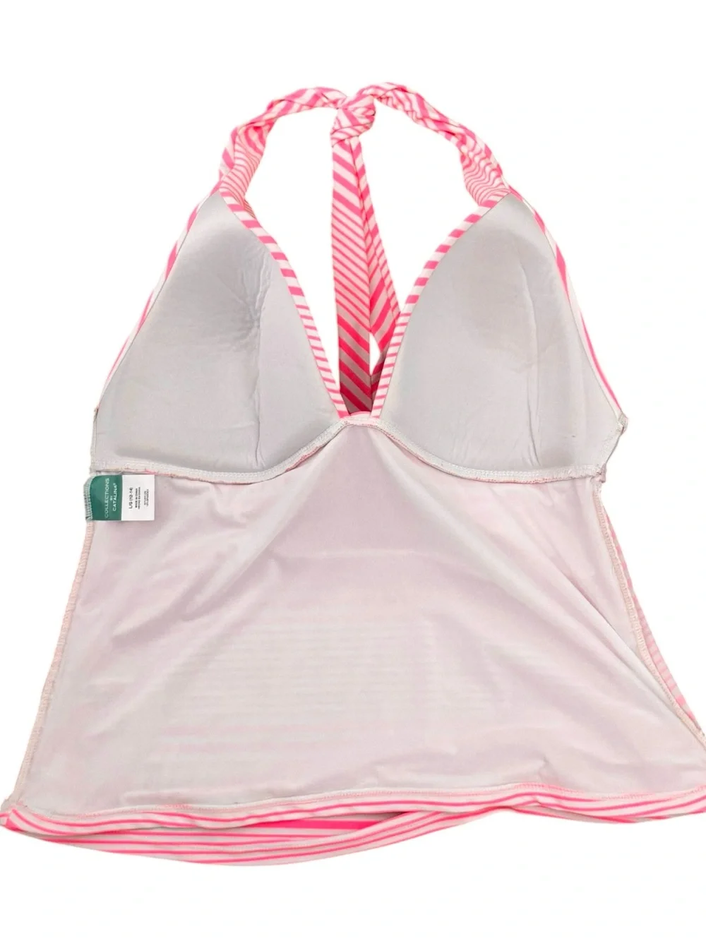 Catalina Size L pink/white striped halter tankini molded cups side ruching